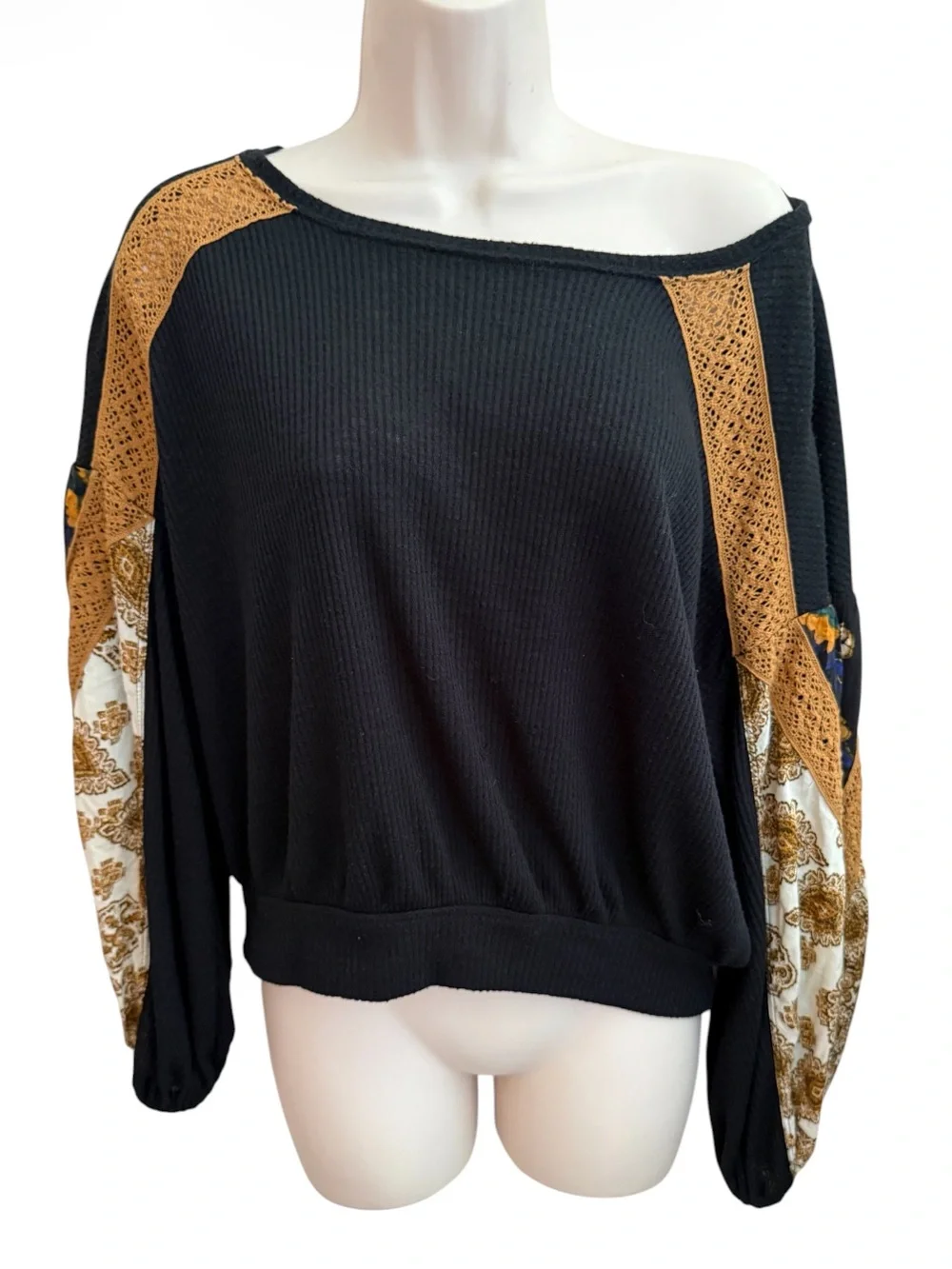 Free People Casual Clash Thermal Tunic Top Small Oversized Balloon Sleeve Boho S